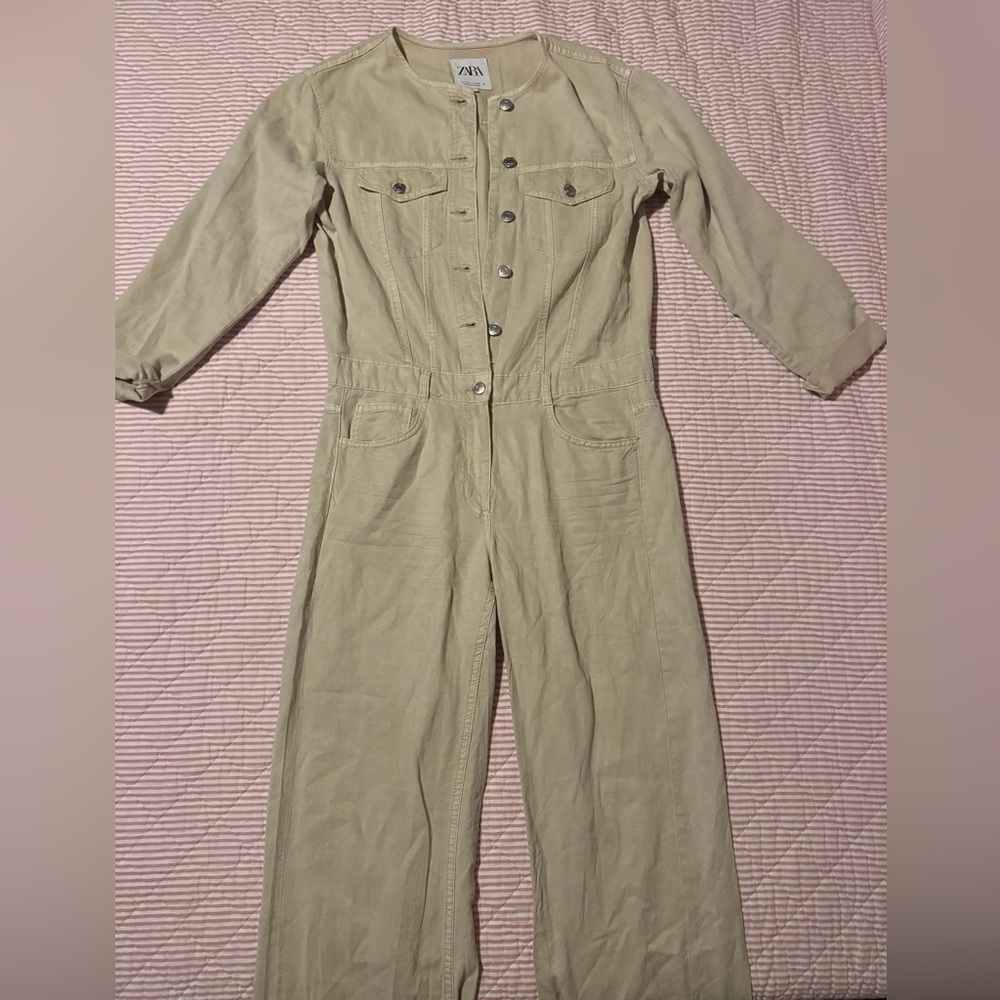 Zara Neutral Beige Long-Sleeve Utility Jumpsuit